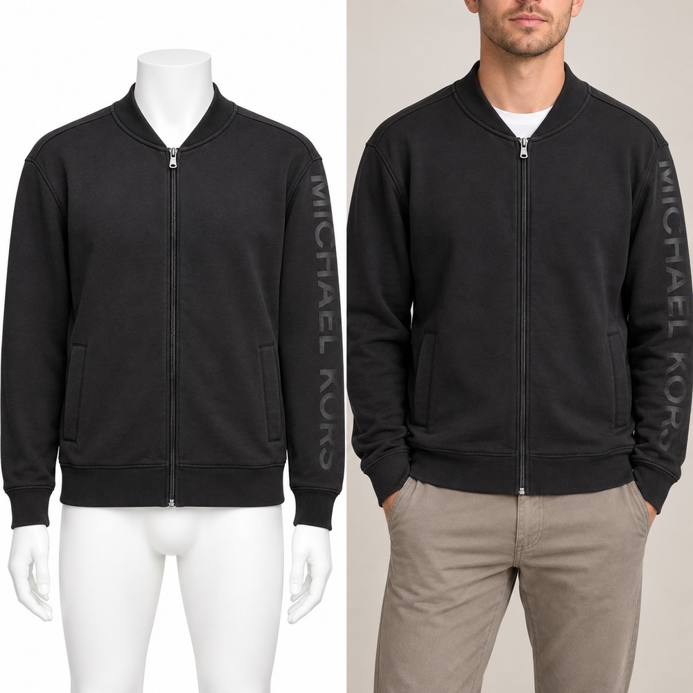 Michael Kors Full Zip Jacket Mens Large Black Bomber Style Logo Sleeve Casual